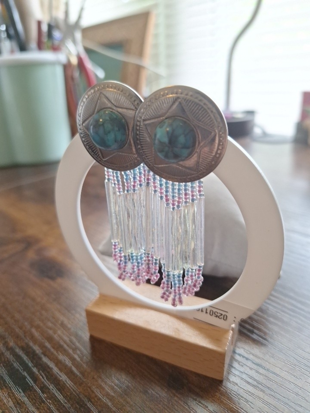 Vintage Turquoise and Pink Beaded Fringe Earrings